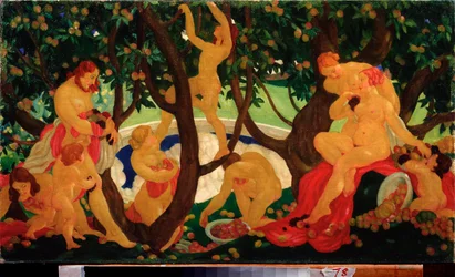 Gathering Aple - Pintura de Valentin Alexandrovich Yakovlev (1887-1919), óleo sobre lienzo