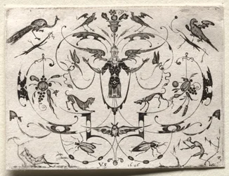 Arabesco con pavo real, periquito, perros e insectos, 1626.
