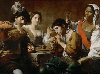Reunión en una Taberna Músico y Bebedores