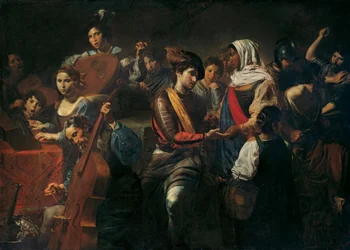 Feliz compañía con el adivino. (Feliz compañía con el cajero de la fortuna). Escena de género en una taberna, composición con músicos (violín, violonchelo, teclado y laúd), hombres atractivos preparando sus bebidas, la adivina