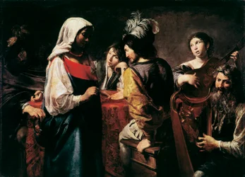 La adivinadora. Pintura de Jean Valentin de Boulogne (1594-1632) Dim. 125 x 175 cm París, Museo del Louvre