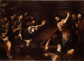 "Cristo expulsando a los prestamistas del templo" Pintura de Valentin de Boulogne (1591-1632) 1620-1625 Dim. 192x266,5 cm Museo del Hermitage, San Petersburgo