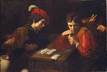 Los jugadores de cartas, por Valentin de Boullogne (1591-1632). Óleo sobre lienzo, c. 1615. Dimensión: 94.5x137 cm. Colecciones de Arte del Estado de Dresde