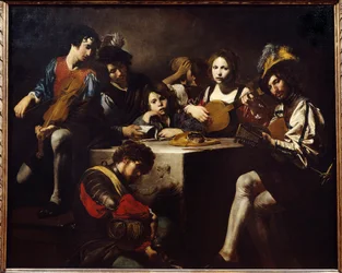 El concierto de bajo relieve. Músicos reunidos alrededor de un altar esculpido. Pintura de Valentin de Boulogne (1591-1632)