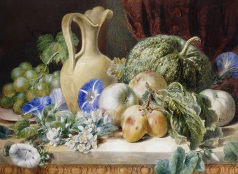Naturaleza muerta con una jarra, manzanas, ciruelas, uvas y flores