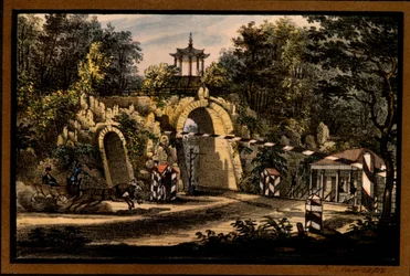 ""El pabellón Grand Caprice en el Parque Catalina de Tsarskoye Selo"" de Valerian Platonovich Langer (1799-1870), litografía, acuarela, ca 1820, Museo Estatal al Aire Libre Tsarskoye Selo, San Petersburgo