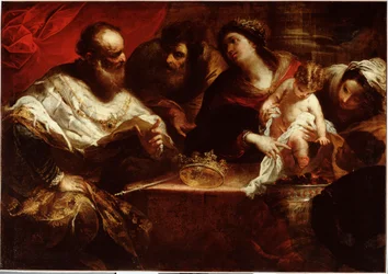 Moisés y el milagro de las brasas ardientes. Moisés como niño, que había tomado la corona del faraón, se quema al agarrar una brasa ardiente, demostrando así que solo se sentía atraído por lo que brillaba. Pintura de Valerio Castello