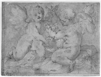Dos putti jugando con un gato y dos pájaros