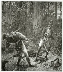 Rask el perro matando a un soldado inglés - ilustración de Bug-Jargal, siglo XIX