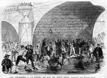 El pescador tiene la línea en el fondo del puente nueve en París en 1868 durante la bajamar. Dibujo de Desroches - Valnay
