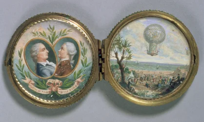 Retrato en miniatura de J.F. Pilatre y Pierre Romain con una escena de su ascenso en globo, 1784 (gouache sobre vitela)