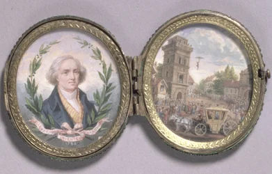 Retrato en miniatura de Louis-Sebastien Lenormand con una escena de su descenso en paracaídas, 1783