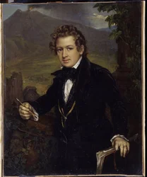 Retrato del pintor Karl Pavlovich Briullov (Bryullov) (1799-1852). Retrato del pintor K.P. Briulov). Representado frente a un volcán, el pintor sostiene un portaminas y su tablero de dibujo. Pintura de Vasili Andreyevich Tropinin (Vassili Tropinin) (1