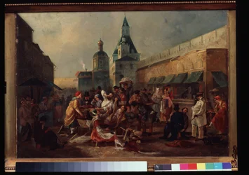 Puesto de refrescos cerca de la muralla china en Moscú. Pintura de Vasili Yegorovich Astrakhov (?-después de 1867). Óleo sobre lienzo, 43 x 57,5 ​​cm