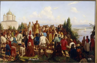 El Gran Príncipe de Novgorod y Kyiv, Yaroslav I Vladimirovich, conocido como el Sabio (978-1054), promulga el primer código legal Russkaya Pravda en 1019. (El Gran Príncipe Yaroslav I El Sabio promulga el Primer Código de Leyes Russkaya Pravda en 1019) . p