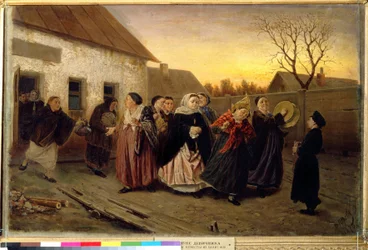 Costumbre rusa: procesión de mujeres que salen de una casa bailando y cantando en la víspera de una boda (Fiesta de la víspera de la boda en una casa de baños). Pintura de Vasili (Vasili) Grigoryevich Perov (1834-1882)