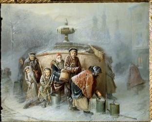 La cola en la fuente. En pleno invierno, los habitantes de la ciudad esperan su turno, entre el viento frío y la niebla, para llenar sus cubos de agua potable. (1834-1882)