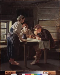 La recepción del peregrino. Pintura de Vasili (Vassili) Grigorievich Perov (1834-1882), óleo sobre lienzo