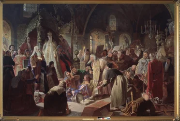 El Viejo Creyente (Old Believer) Papa Nikita Poustosviat (o Nikita Dimitriovich Dobrynine, fallecida en 1683) debatiendo con el Patriarca de Moscú, Joachim (1620-1690), sobre la cuestión de la Fe en presencia de la Regente Sophia Alexeievna Romanova ( 1657