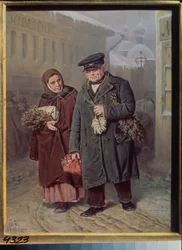 Lunes de Cuaresma (Pareja vistiendo plantas curativas y purificadoras para el baño de vapor, anterior a la Semana Santa) - Lunes Limpio - Pintura de Vasili (Vassili) Grigorievich Perov (1834-1882), óleo sobre madera