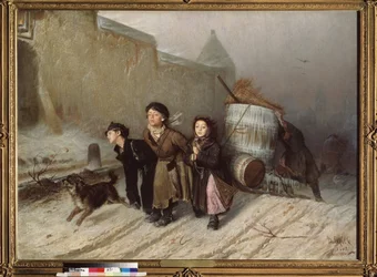 Troika (trineo). Aprendices a buscar agua. (Calle en invierno). Pintura de Vasili (Vasili) Grigoryevich Perov (1834-1882), óleo sobre lienzo