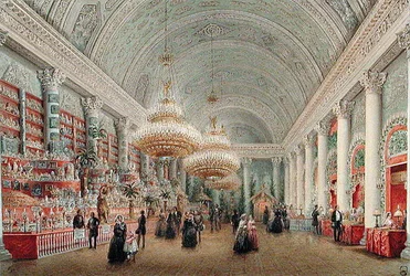 Bazar de caridad en la sala de banquetes del Palacio Yusupov