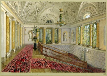 Escalera en un palacio. Obra de Vasily Semyonovich Sadovnikov (1800-1879), acuarela sobre papel