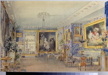 El Salón de la Casa Solariega Verki. Obra de Vasily Semyonovich Sadovnikov (1800-1879), acuarela sobre papel