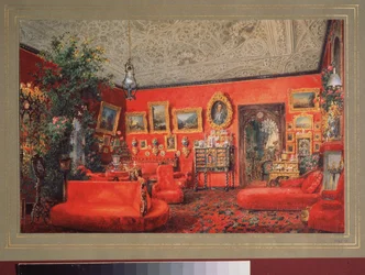 El Salón Rojo del Palacio Yusupov en San Petersburgo. Obra de Vasily Semyonovich Sadovnikov (1800-1879), acuarela sobre papel. arte ruso