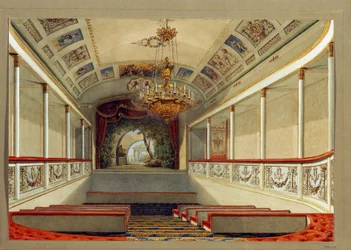 La sala de teatro del Palacio Yusupov (Palacio Moika), en San Petersburgo. (El Home Theatre en el Palacio Yusupov en San Petersburgo). Obra de Vasily Semyonovich Sadovnikov (1800-1879), acuarela sobre papel. Arte ruso del siglo XIX. Estado Rusia Mus