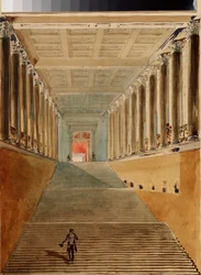 La Gran Escalera (o Escalera de los Embajadores o Escalera Jordan) del Palacio de Invierno en San Petersburgo. Obra de Vasily Semyonovich Sadovnikov (1800-1879), acuarela sobre papel, alrededor de 1840. Arte ruso del siglo XIX. Museo Estatal A. Pushkin de 