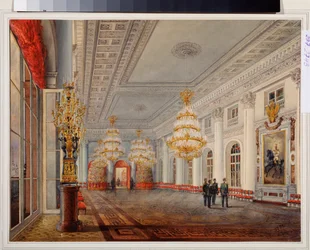 El Gran Salón (o Salón Nicolás) del Palacio de Invierno de San Petersburgo. Obra de Vasily Semyonovich Sadovnikov (1800-1879), acuarela sobre papel