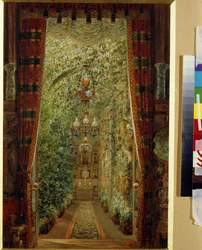 El jardín de invierno del Palacio Yusupov (Palacio Moika) en San Petersburgo. (El Jardín de Invierno en el Palacio Yusupov en San Petersburgo). Obra de Vasily Semyonovich Sadovnikov (1800-1879), acuarela sobre papel