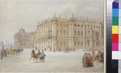 El trayecto del emperador Nicolás I de Rusia a través de la plaza del palacio, por Sadovnikov, Vasily Semyonovich (1800-1879). Acuarela sobre papel