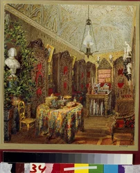 El estudio en el Palacio Yusupov (Palacio Moika) en San Petersburgo. (El Estudio en el Palacio Yusupov en San Petersburgo). Obra de Vasily Semyonovich Sadovnikov (1800-1879), acuarela sobre papel. arte ruso
