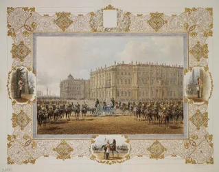 Revisión del Regimiento de Guardias a Caballo frente al Palacio de Invierno