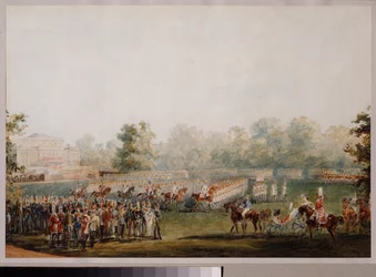 Desfile militar en el prado del palacio de Elagin en San Petersburgo. (Desfile de la Guardia Imperial). Obra de Vasily Semyonovich Sadovnikov (1800-1879), acuarela sobre papel