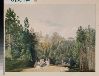 Escena en un parque. Obra de Vasily Semyonovich Sadovnikov (1800-1879), acuarela sobre papel
