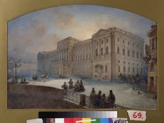Vista del Palacio Marlinsky en invierno (San Petersburgo). Obra de Vasily Semyonovich Sadovnikov (1800-1879), acuarela sobre papel