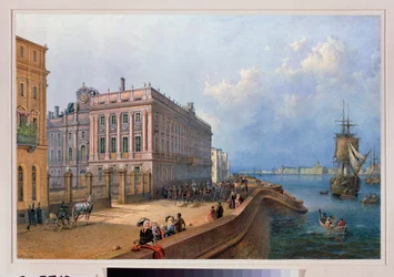 Vista del terraplén del Neva y el Palacio de Mármol en San Petersburgo. Obra de Vasily Semyonovich Sadovnikov (1800-1879), acuarela sobre papel
