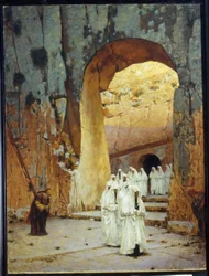 En Jerusalén (Israel). La Tumba Real de Judá. (En Jerusalén. La Tumba Real De Judá). Del sepulcro de los reyes de Judá sale una procesión de personajes vestidos de blanco. Una mujer se inclina respetuosamente para saludarlos a su paso. pintura de