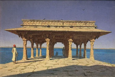 Atardecer en el Lago Distrito de Jaipur del estado de Rajasthan, India, 1874