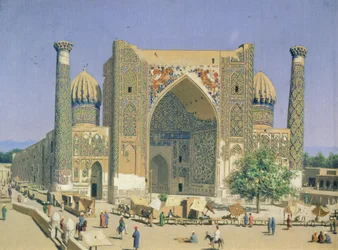 Medrasah Shir-Dhor en la plaza Registan en Samarcanda