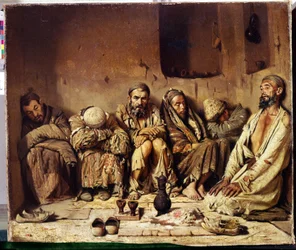 Orientalismo: fumadores de opio sentados en una calle de Oriente Medio (Los fumadores de opio). Pintura de Vasili Vasilyevich Vereschagin (Vereshchagin, Vereshchagin) (1842-1904)