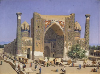 La madraza Sherdar en la Plaza Registán en Samarcanda, 1869-1870