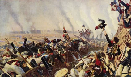 El final de la batalla de Borodino (litografía en color)
