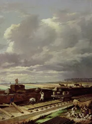 Trabajos de construcción en una línea de ferrocarril, 1871