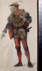 Traje masculino para la ópera ""Faust"" de Charles Gounod (1818-1893) - Diseño de vestuario para la ópera Faust de Charles Gounod - Obra de Vasili Dmitrievich Polenov (1844-1927), lápiz y acuarela sobre papel