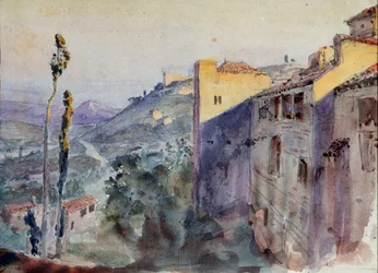 Decoración preparatoria para la ópera ""La rosa escarlata"" de Nikolai Krotkov - Escenografía para la ópera La rosa escarlata de N. Krotkov - Obra de Vasili Dmitrievich Polenov (1844-1927), lápiz y acuarela sobre papel