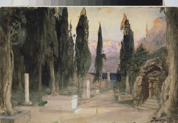 Decoración preparatoria para la ópera ""Orfeo y Eurídice"" de Christoph Willibald Gluck (1714-1787) - Escenografía para la ópera Orfeo ed Euridice de Ch Gluck - Obra de Vasili Dmitrievich Polenov (1844-1927), acuarela sobre cartón